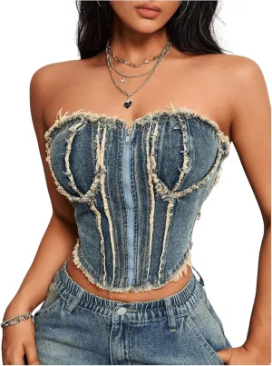 MakeMeChic Women's Denim Bandeau Strapless Raw Hem Zipper Bustier Fitted Y2K Tube Crop Top