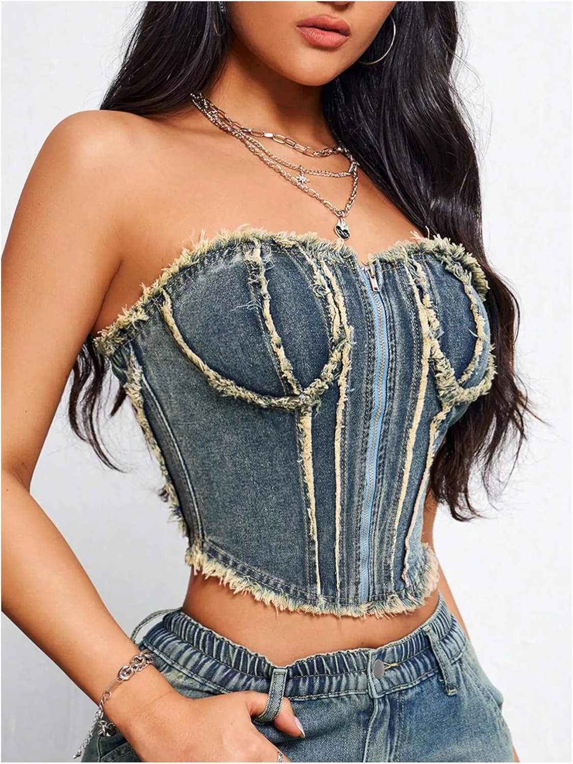 MakeMeChic Women's Denim Bandeau Strapless Raw Hem Zipper Bustier Fitted Y2K Tube Crop Top