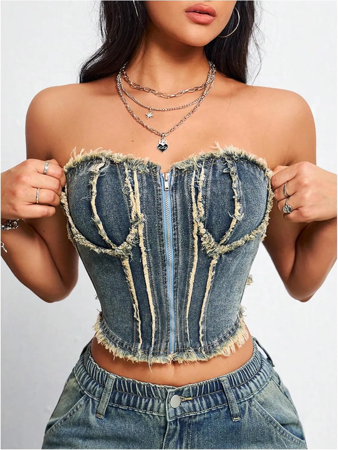 MakeMeChic Women's Denim Bandeau Strapless Raw Hem Zipper Bustier Fitted Y2K Tube Crop Top