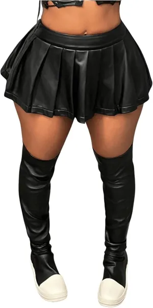 MakeMeChic Women's Faux Leather Mini Skirt Stretchy Pleated Party Short Skirts