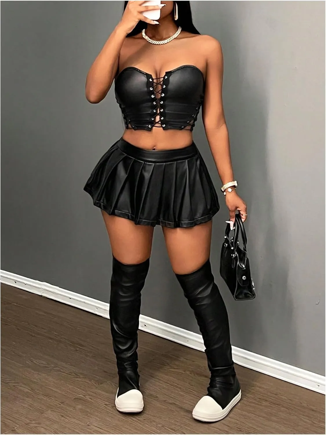 MakeMeChic Women's Faux Leather Mini Skirt Stretchy Pleated Party Short Skirts