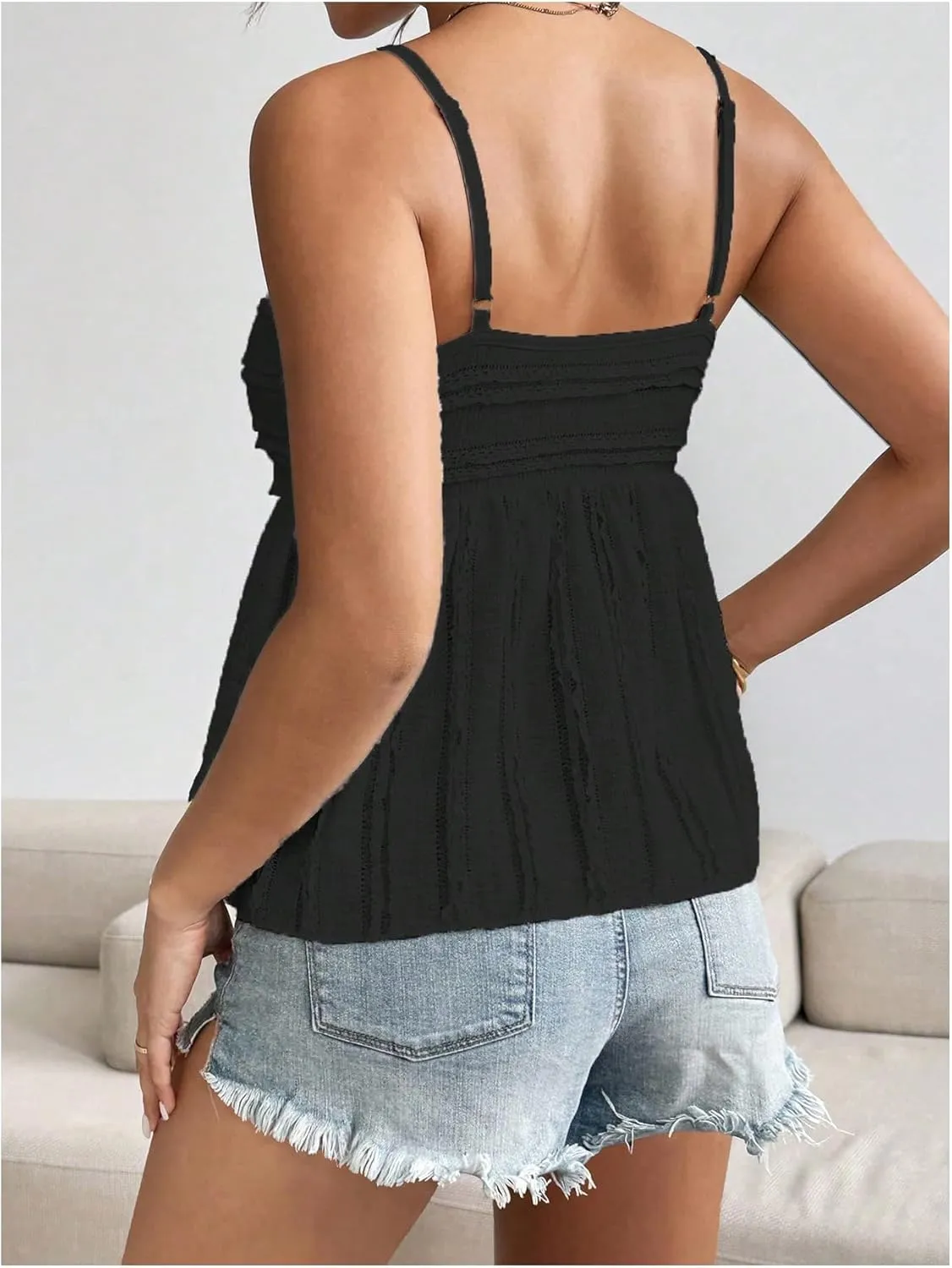 MakeMeChic Women's Floral Lace Cami Spaghetti Strap Camisole Flared Hem Ruched Summer Top