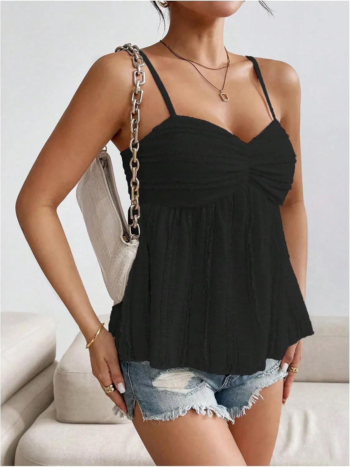 MakeMeChic Women's Floral Lace Cami Spaghetti Strap Camisole Flared Hem Ruched Summer Top