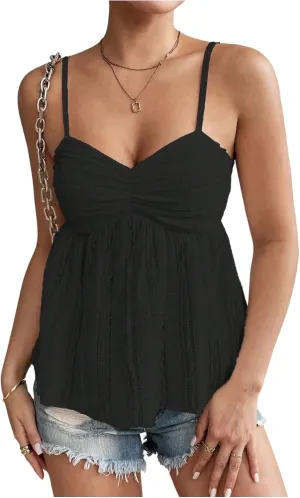 MakeMeChic Women's Floral Lace Cami Spaghetti Strap Camisole Flared Hem Ruched Summer Top