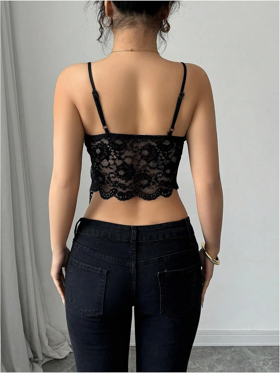 MakeMeChic Women's Floral Lace Sheer Crop Tops Spaghetti Strap Scallop Trim Split Y2k Camisole Top