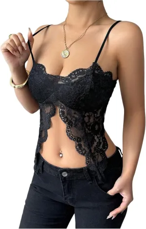 MakeMeChic Women's Floral Lace Sheer Crop Tops Spaghetti Strap Scallop Trim Split Y2k Camisole Top