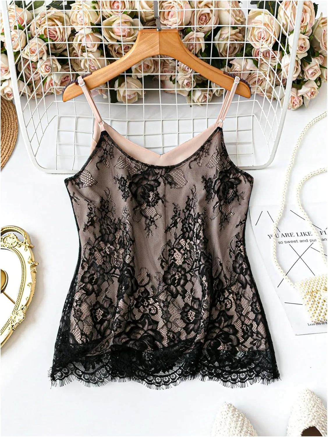 MakeMeChic Women's Floral Lace V Neck Camisole Spaghetti Strap Sleeveless Y2k Tank Tops