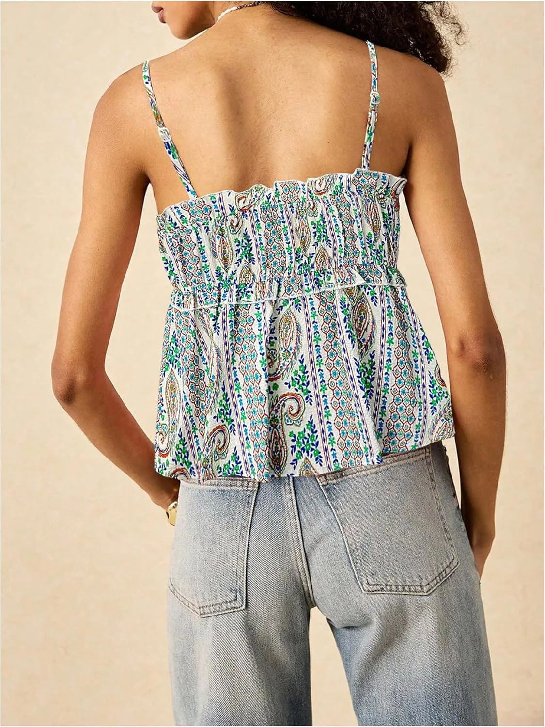 MakeMeChic Women's Floral Spaghetti Strap Camisole Ruched Ruffle Hem Going Out Tank Tops