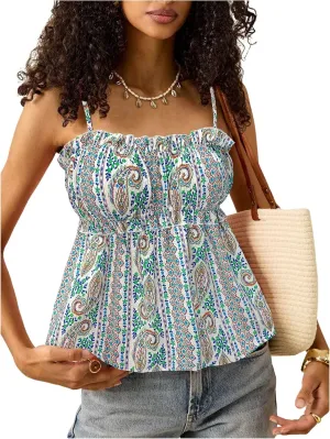MakeMeChic Women's Floral Spaghetti Strap Camisole Ruched Ruffle Hem Going Out Tank Tops