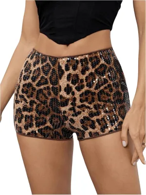 MakeMeChic Women's Leopard Print Hot Pants Sequin Glitter Skinny Party Y2k Shorts Clubwear