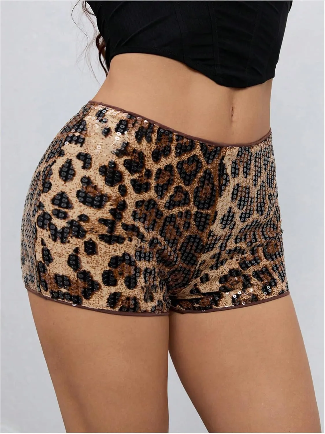 MakeMeChic Women's Leopard Print Hot Pants Sequin Glitter Skinny Party Y2k Shorts Clubwear