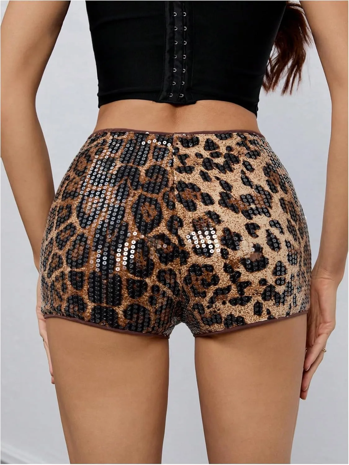 MakeMeChic Women's Leopard Print Hot Pants Sequin Glitter Skinny Party Y2k Shorts Clubwear
