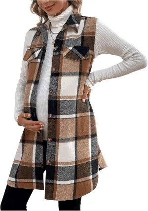 MakeMeChic Women's Maternity Vest Outerwear Plaid Print Collared Button Down Pregnancy Midi Coat
