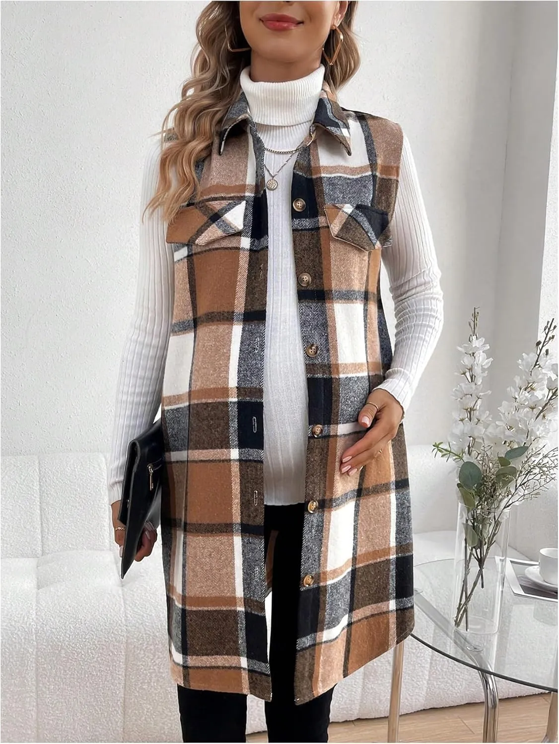 MakeMeChic Women's Maternity Vest Outerwear Plaid Print Collared Button Down Pregnancy Midi Coat