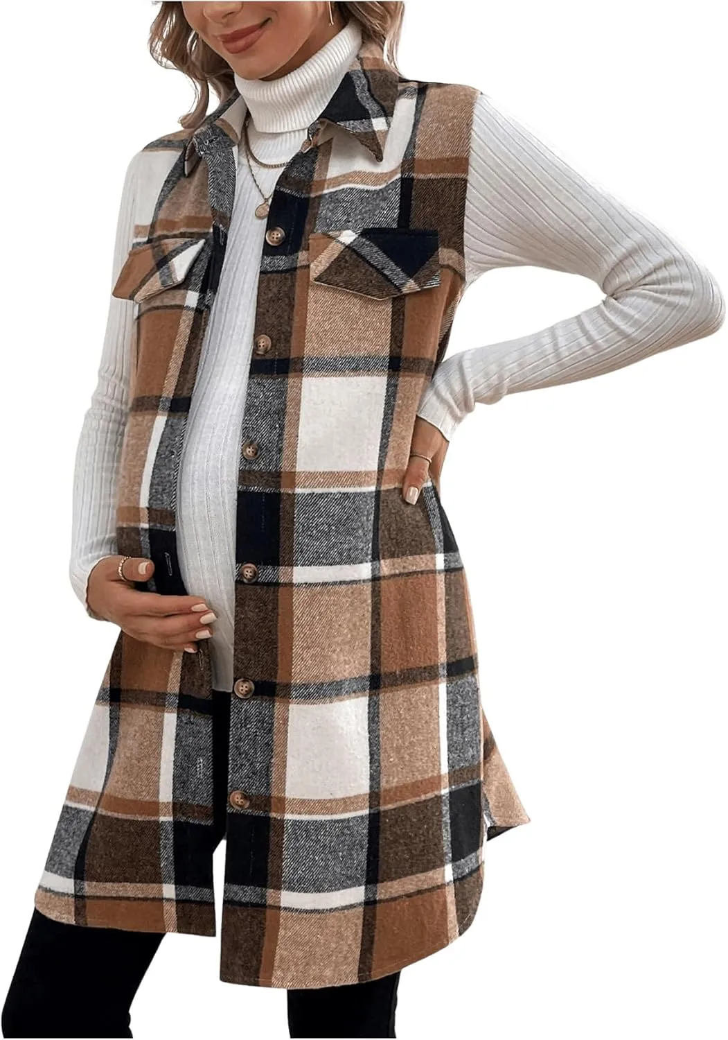 MakeMeChic Women's Maternity Vest Outerwear Plaid Print Collared Button Down Pregnancy Midi Coat