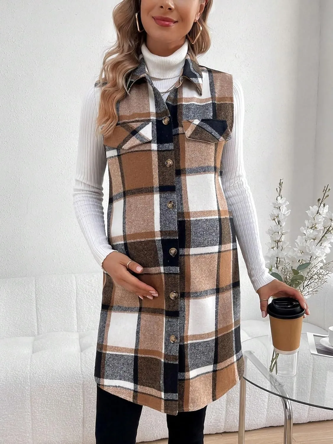 MakeMeChic Women's Maternity Vest Outerwear Plaid Print Collared Button Down Pregnancy Midi Coat