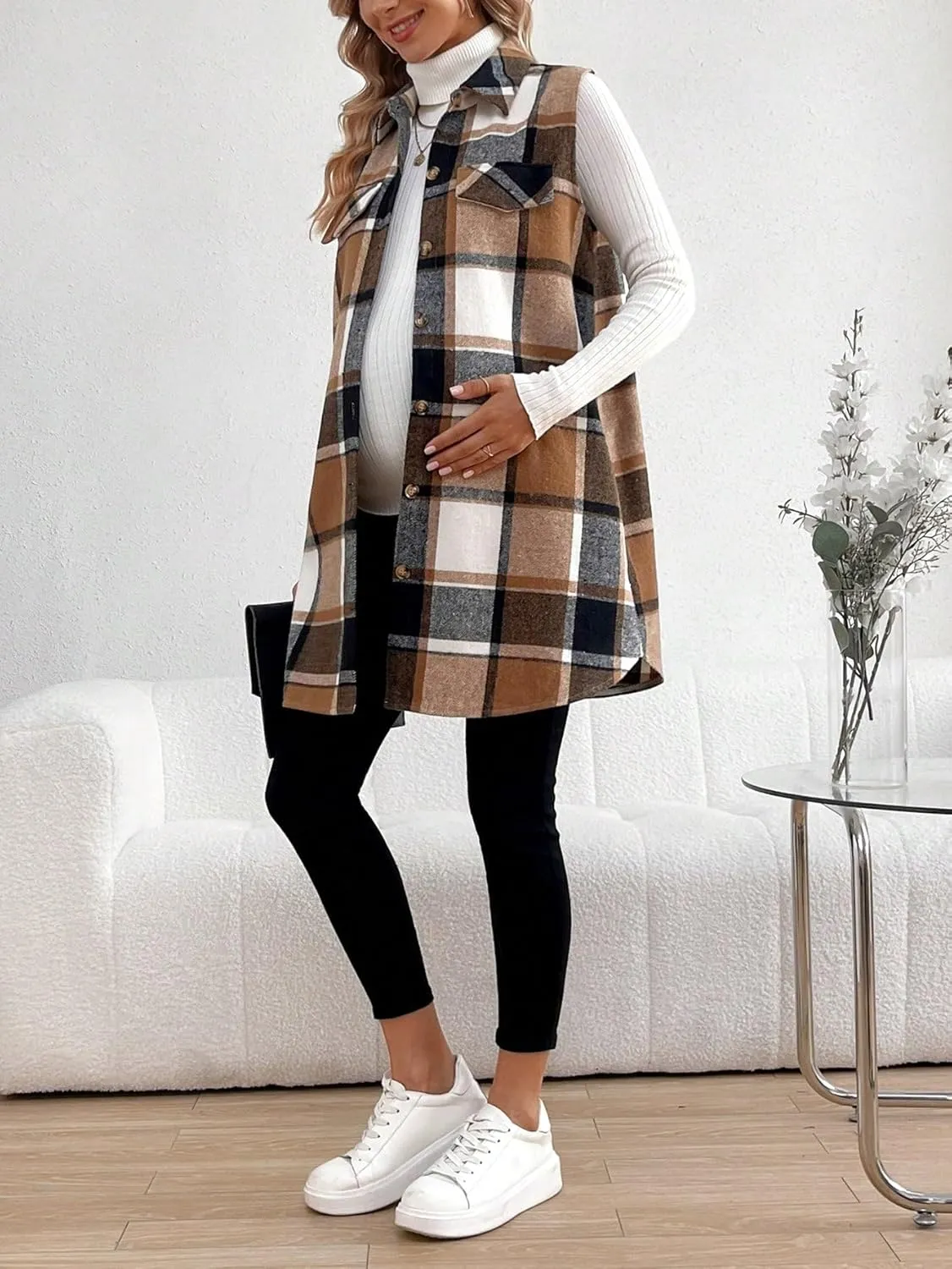 MakeMeChic Women's Maternity Vest Outerwear Plaid Print Collared Button Down Pregnancy Midi Coat