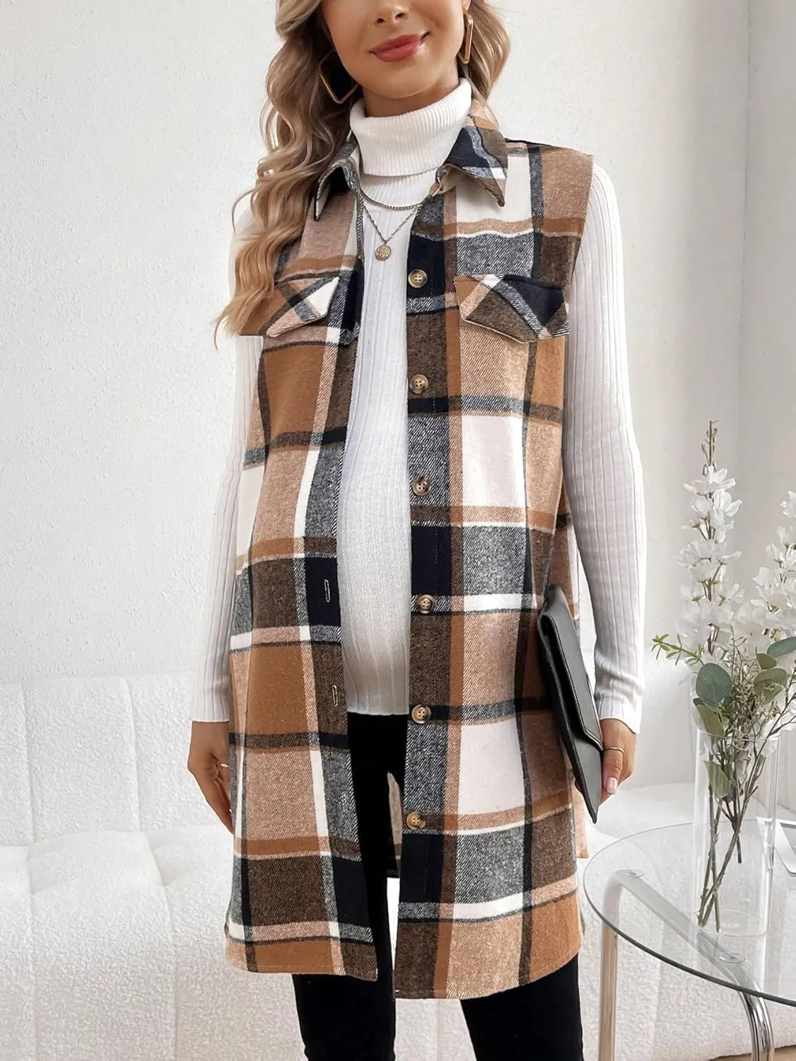 MakeMeChic Women's Maternity Vest Outerwear Plaid Print Collared Button Down Pregnancy Midi Coat