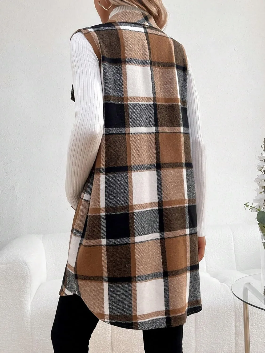MakeMeChic Women's Maternity Vest Outerwear Plaid Print Collared Button Down Pregnancy Midi Coat