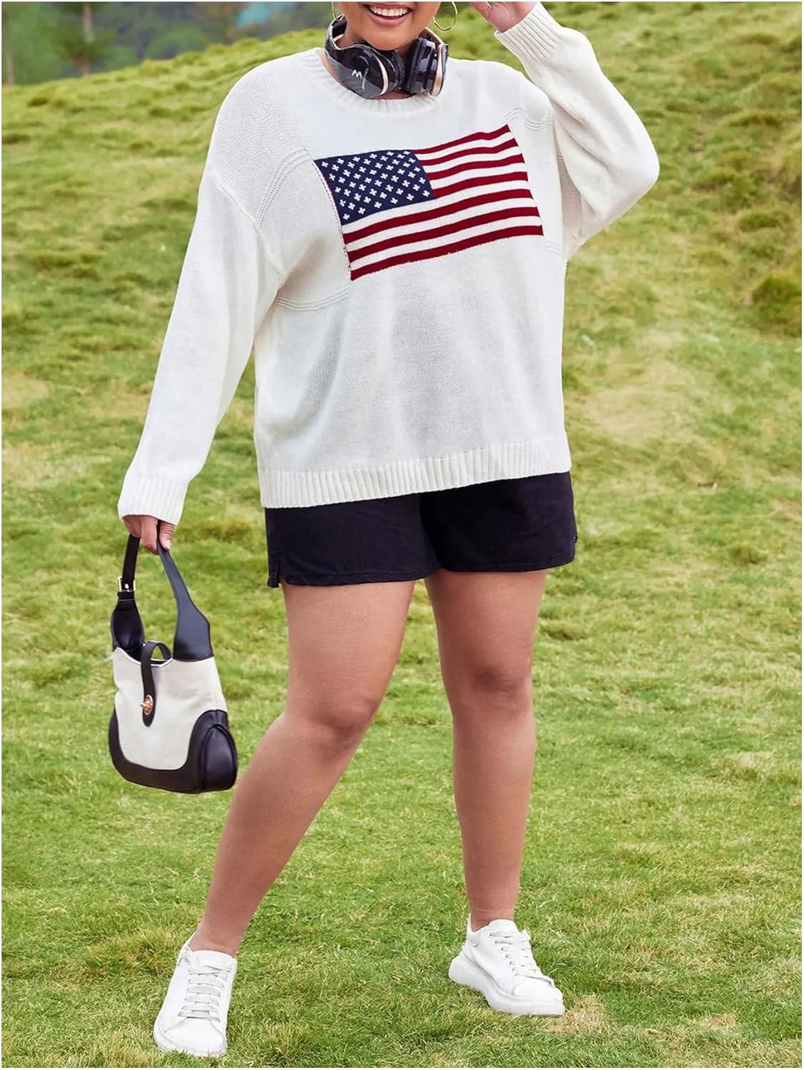 MakeMeChic Women's Plus Size American Flag Sweater Long Sleeve Crew Neck Knitted Fall Sweaters