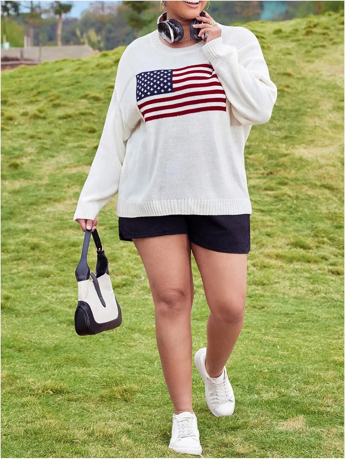 MakeMeChic Women's Plus Size American Flag Sweater Long Sleeve Crew Neck Knitted Fall Sweaters