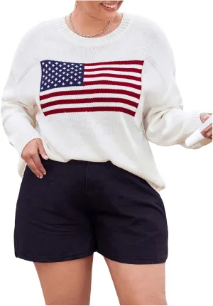 MakeMeChic Women's Plus Size American Flag Sweater Long Sleeve Crew Neck Knitted Fall Sweaters