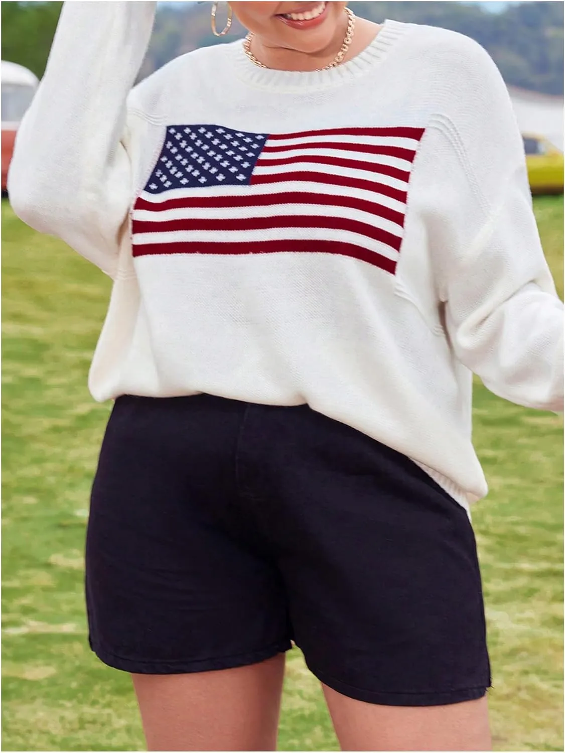 MakeMeChic Women's Plus Size American Flag Sweater Long Sleeve Crew Neck Knitted Fall Sweaters