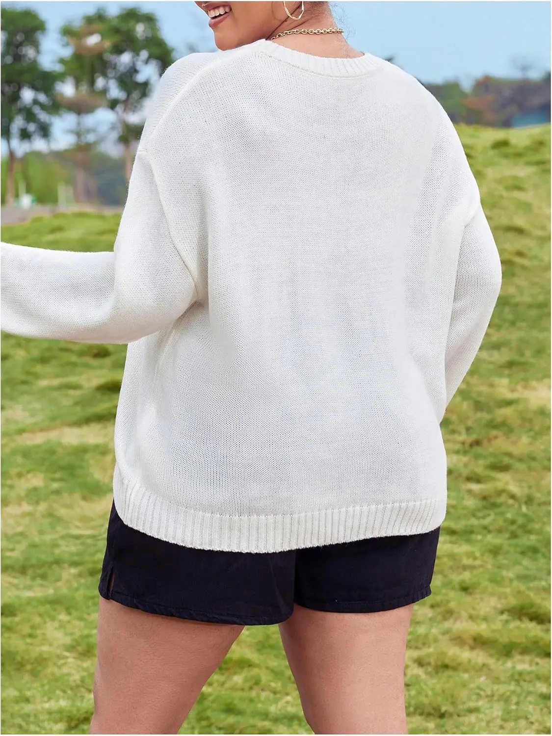 MakeMeChic Women's Plus Size American Flag Sweater Long Sleeve Crew Neck Knitted Fall Sweaters