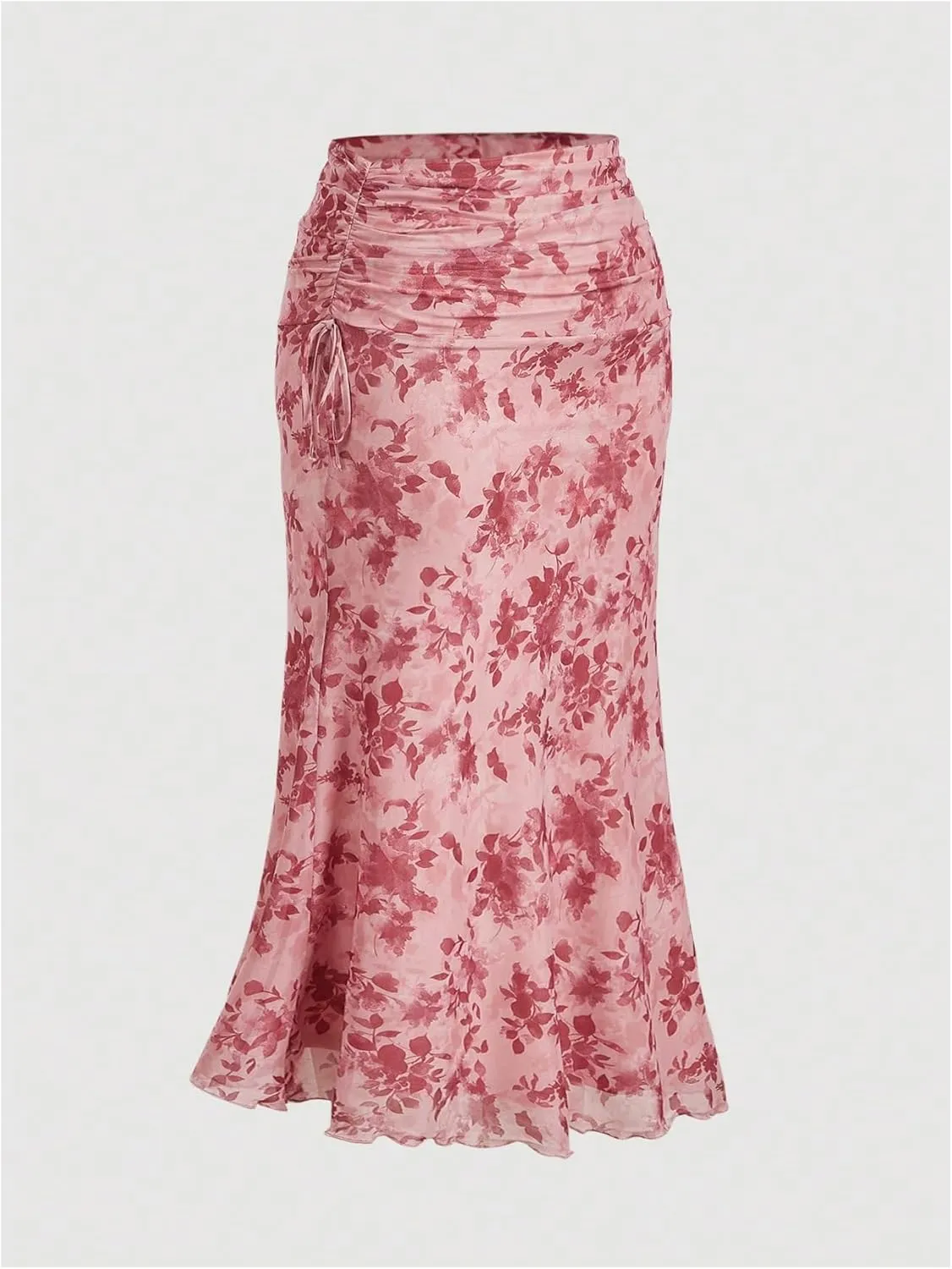 MakeMeChic Women's Plus Size Floral Print Ruched Lettuce Trim Ruffle Hem Maxi Skirt