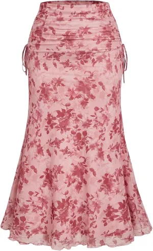 MakeMeChic Women's Plus Size Floral Print Ruched Lettuce Trim Ruffle Hem Maxi Skirt