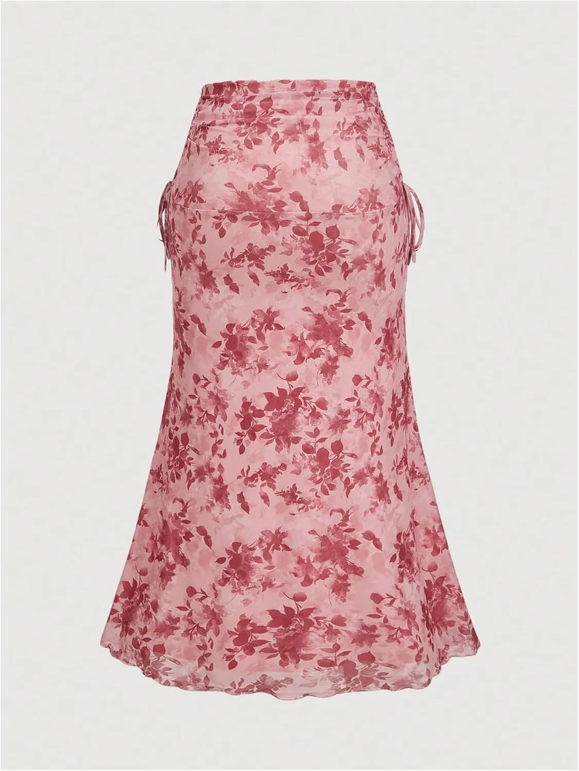 MakeMeChic Women's Plus Size Floral Print Ruched Lettuce Trim Ruffle Hem Maxi Skirt