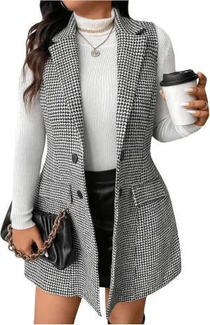 MakeMeChic Women's Plus Size Tweed Coat Houndstooth Print Lapel Neck Single Breasted Vest Outerwear