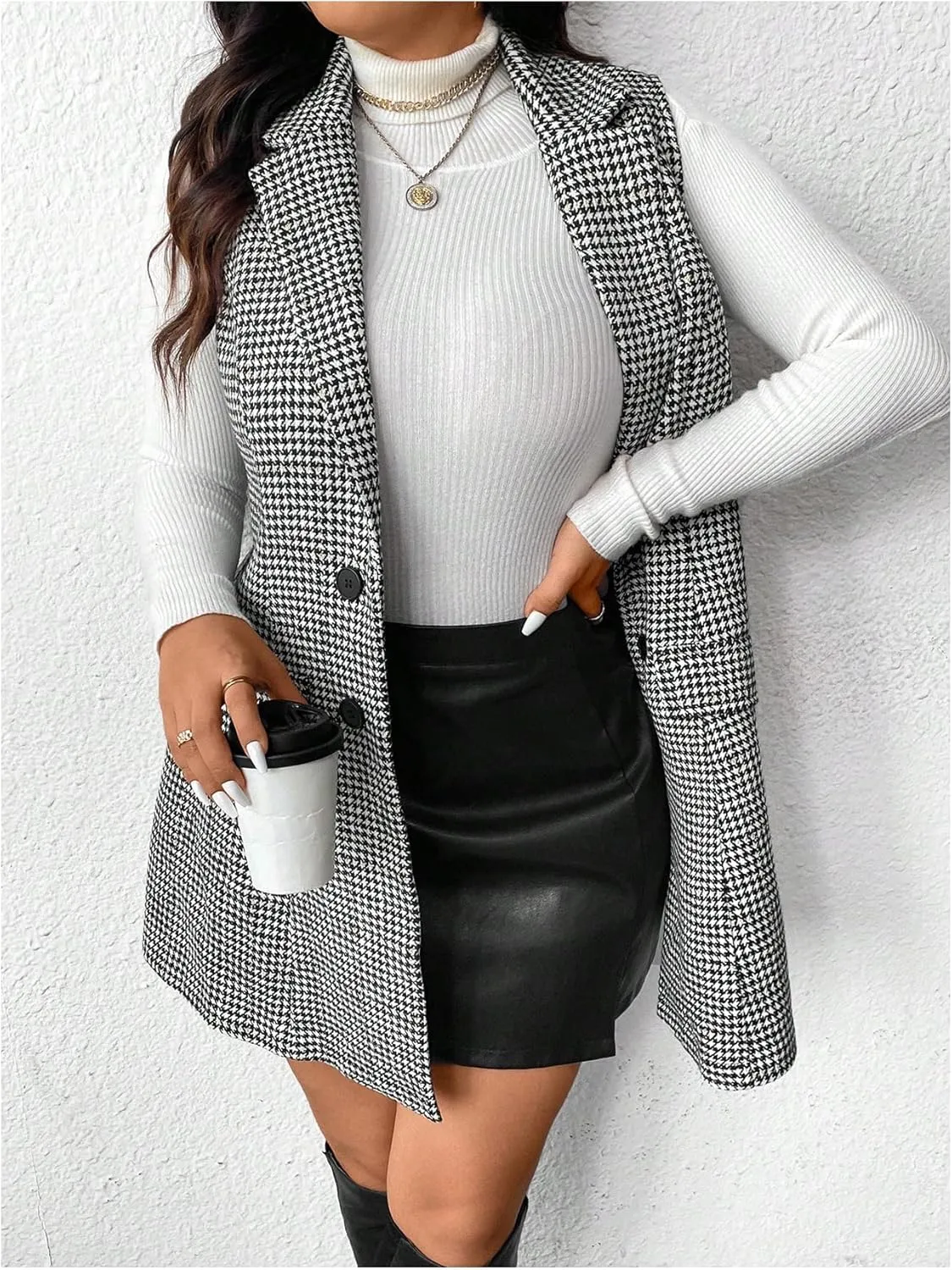 MakeMeChic Women's Plus Size Tweed Coat Houndstooth Print Lapel Neck Single Breasted Vest Outerwear
