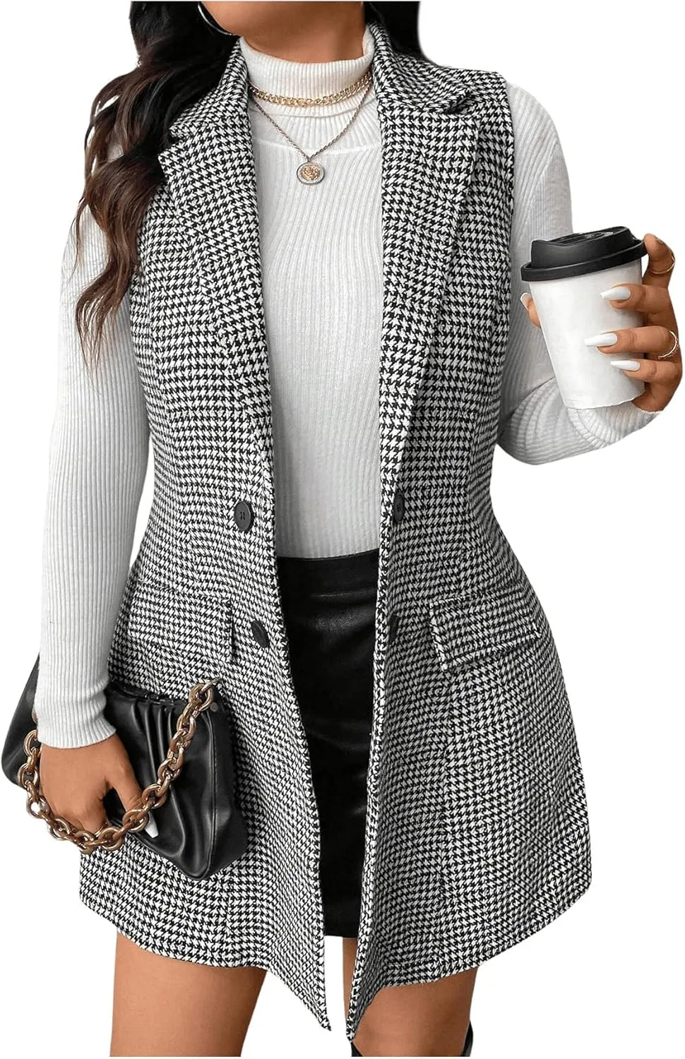 MakeMeChic Women's Plus Size Tweed Coat Houndstooth Print Lapel Neck Single Breasted Vest Outerwear