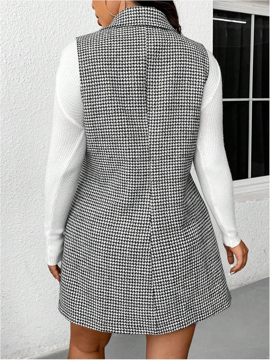 MakeMeChic Women's Plus Size Tweed Coat Houndstooth Print Lapel Neck Single Breasted Vest Outerwear