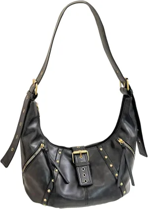 MakeMeChic Women's PU Leather Shoulder Bag Buckle Top Handle Studded Zipper Punk Hobo Handbag