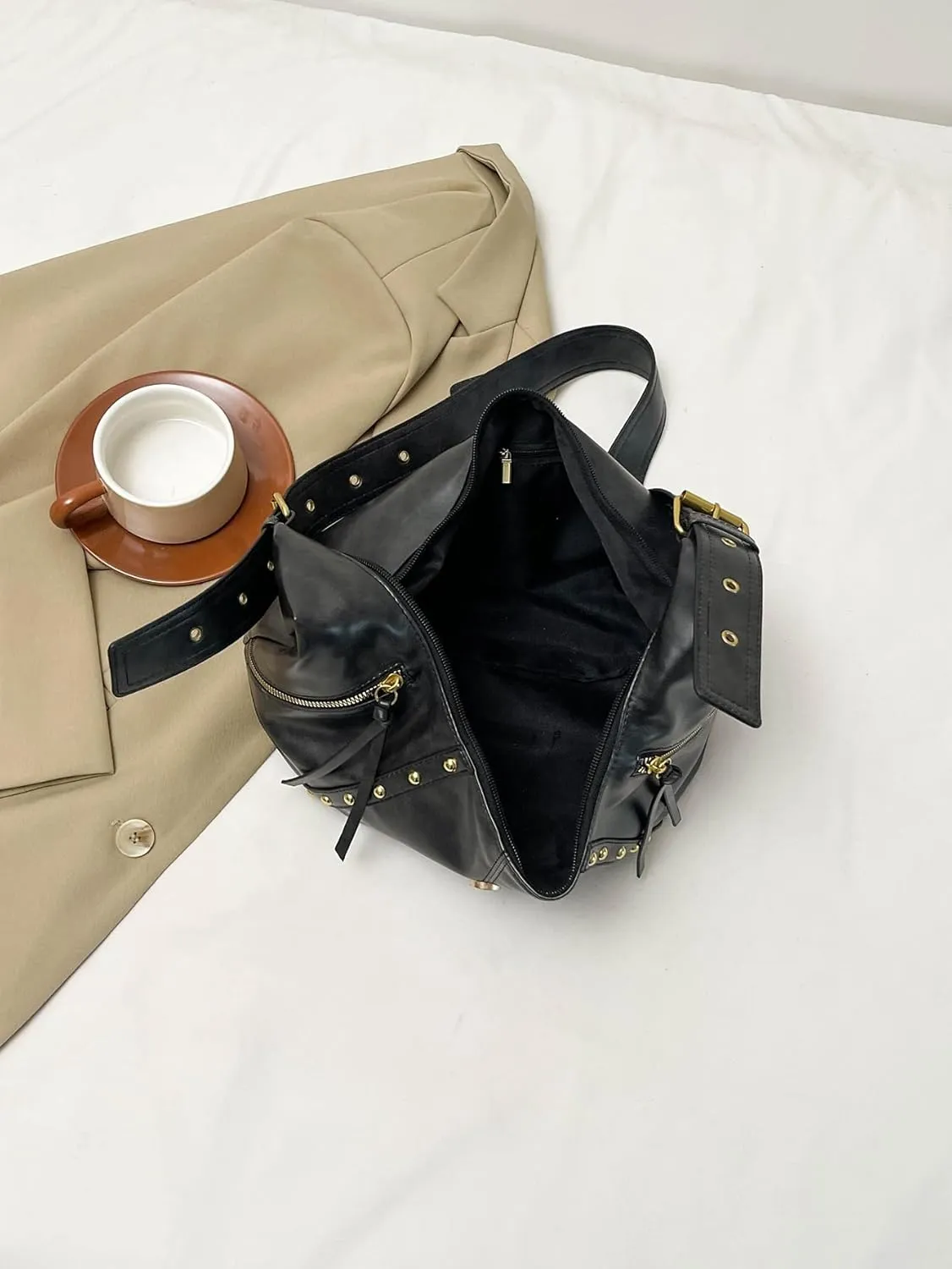 MakeMeChic Women's PU Leather Shoulder Bag Buckle Top Handle Studded Zipper Punk Hobo Handbag