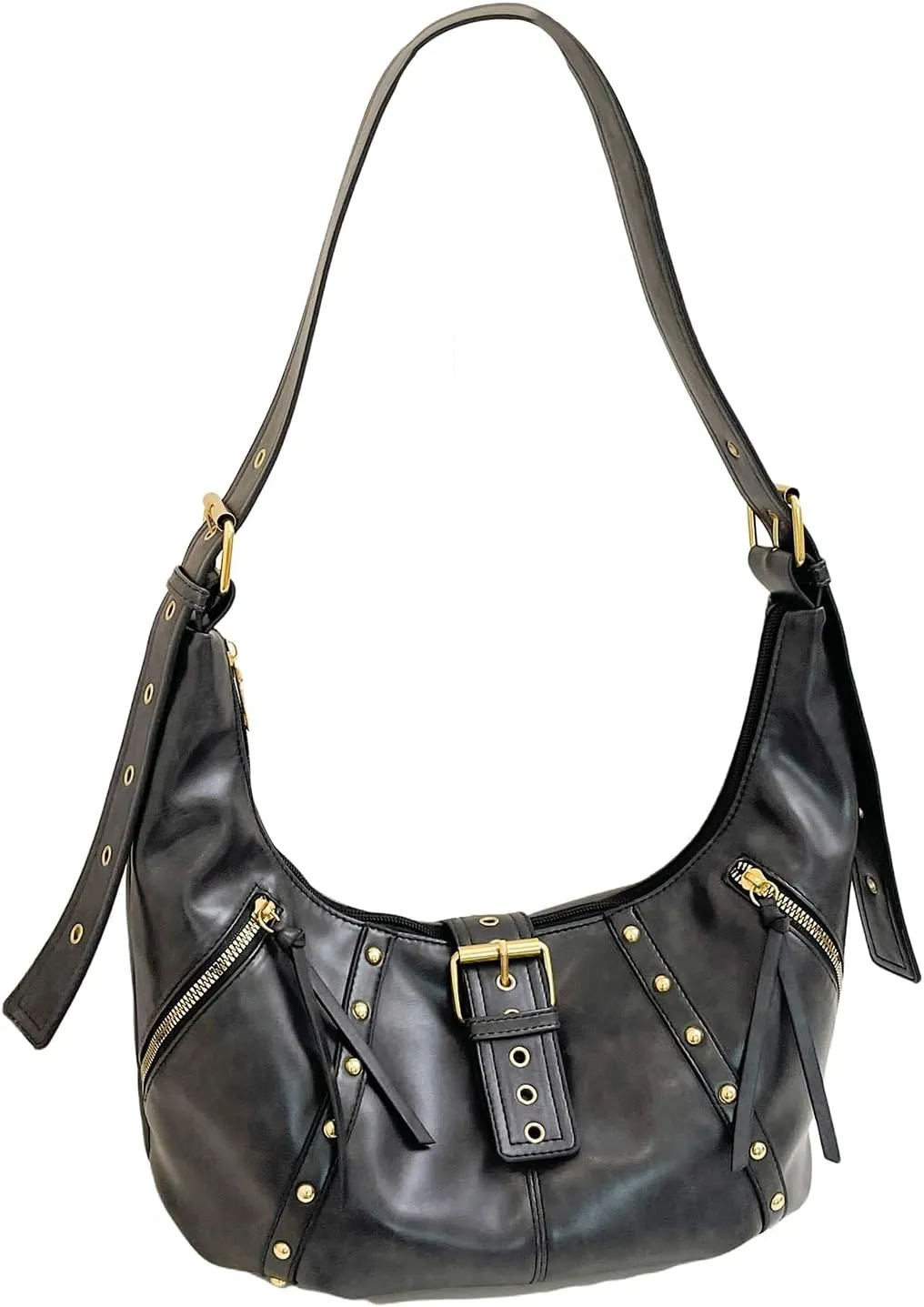 MakeMeChic Women's PU Leather Shoulder Bag Buckle Top Handle Studded Zipper Punk Hobo Handbag