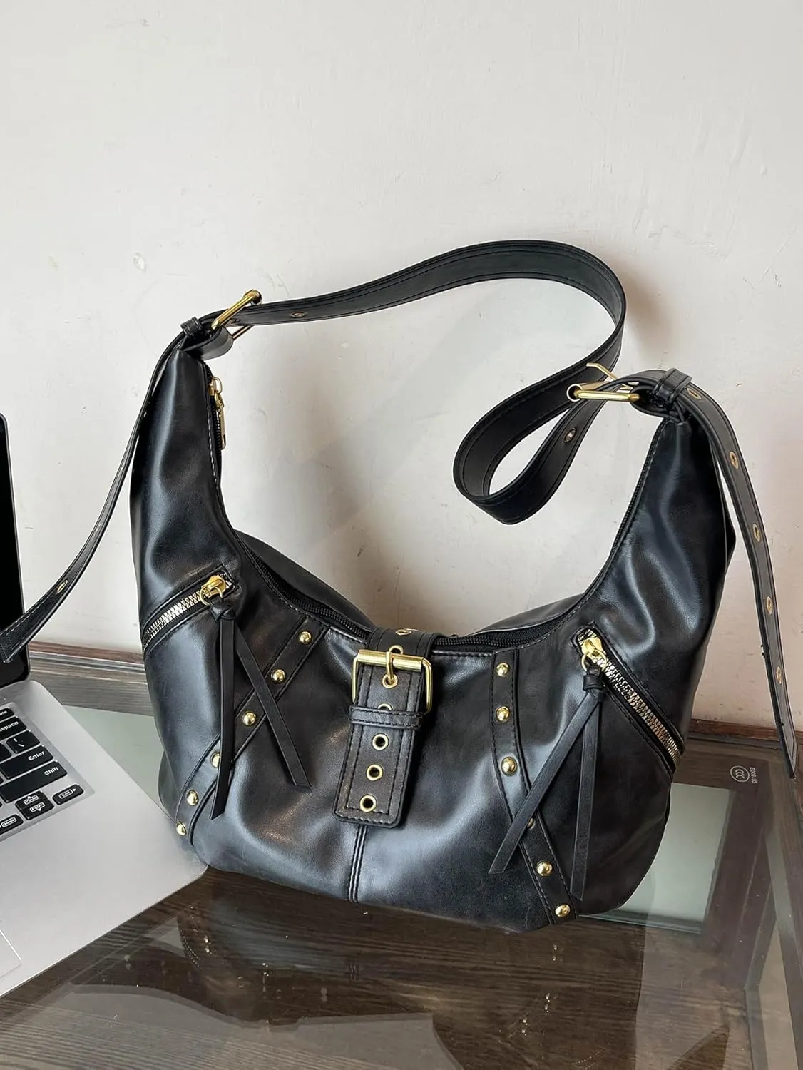 MakeMeChic Women's PU Leather Shoulder Bag Buckle Top Handle Studded Zipper Punk Hobo Handbag