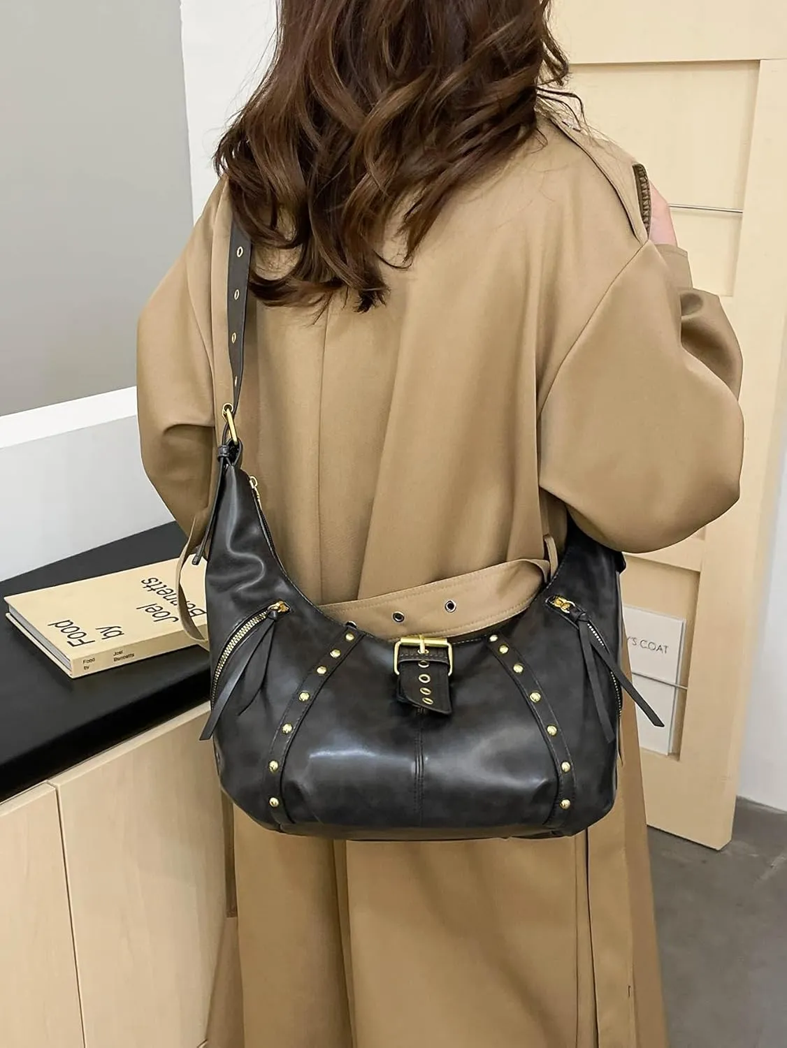 MakeMeChic Women's PU Leather Shoulder Bag Buckle Top Handle Studded Zipper Punk Hobo Handbag