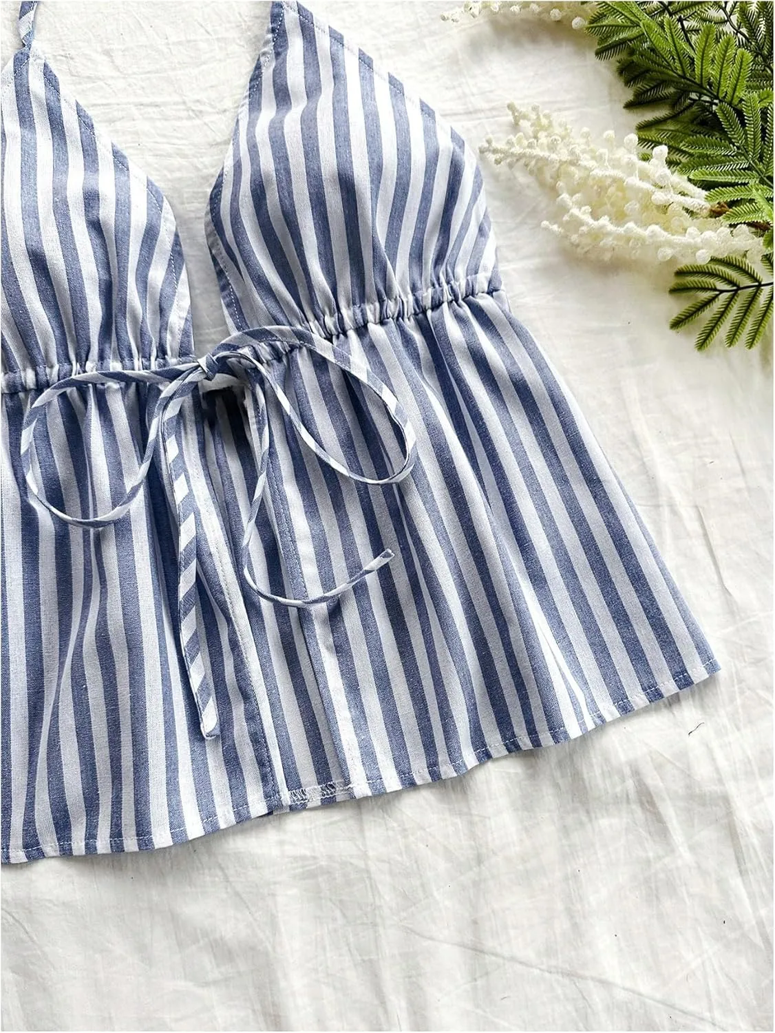 MakeMeChic Women's Striped Halter Tops Tie Front Split Ruffle Cami Top Summer Camisole