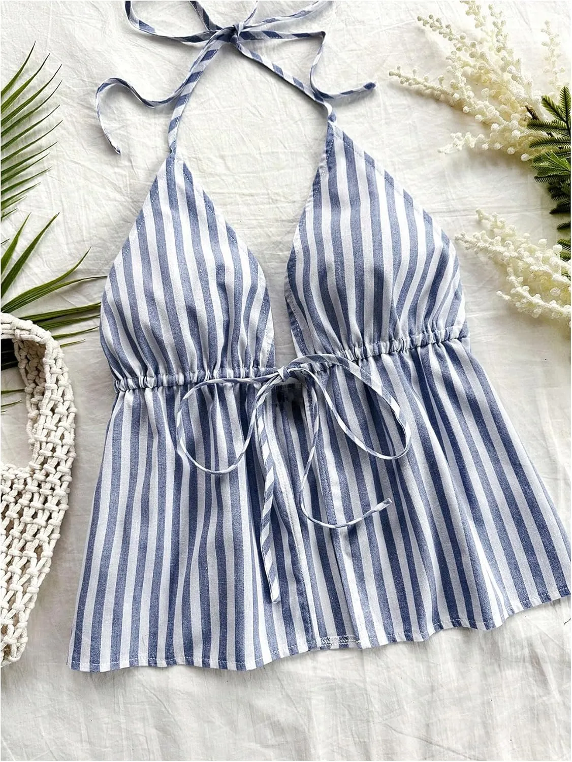 MakeMeChic Women's Striped Halter Tops Tie Front Split Ruffle Cami Top Summer Camisole