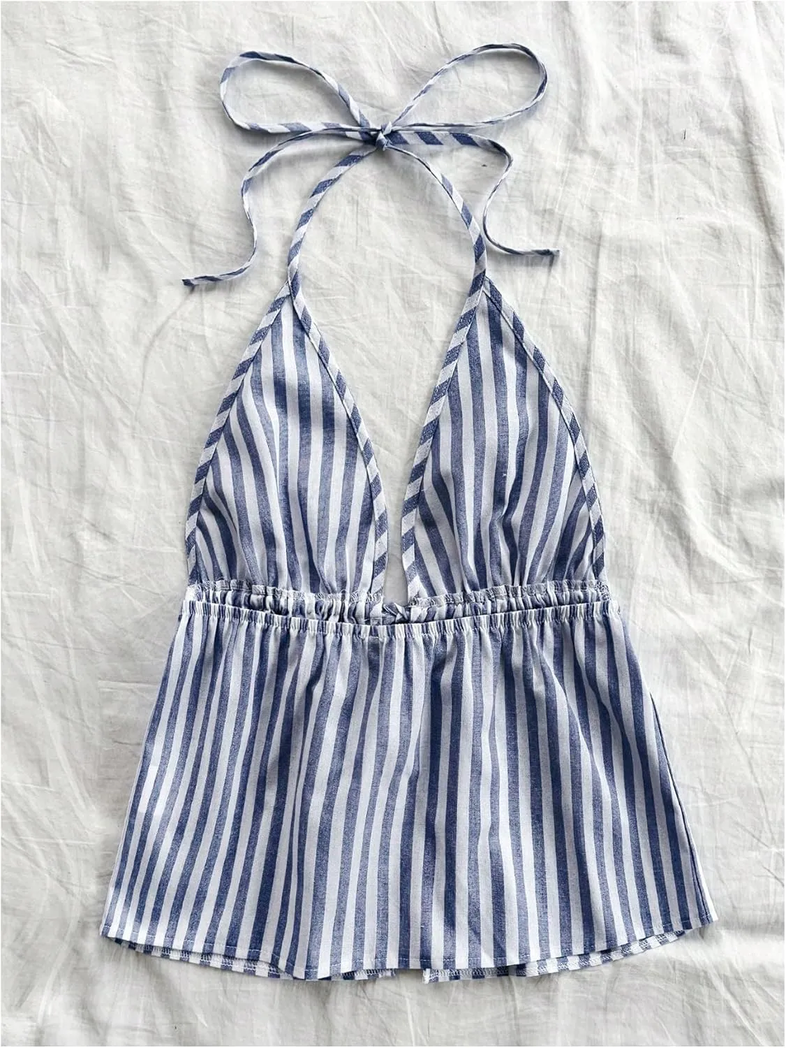 MakeMeChic Women's Striped Halter Tops Tie Front Split Ruffle Cami Top Summer Camisole