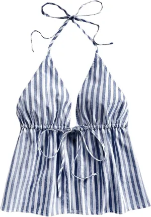 MakeMeChic Women's Striped Halter Tops Tie Front Split Ruffle Cami Top Summer Camisole