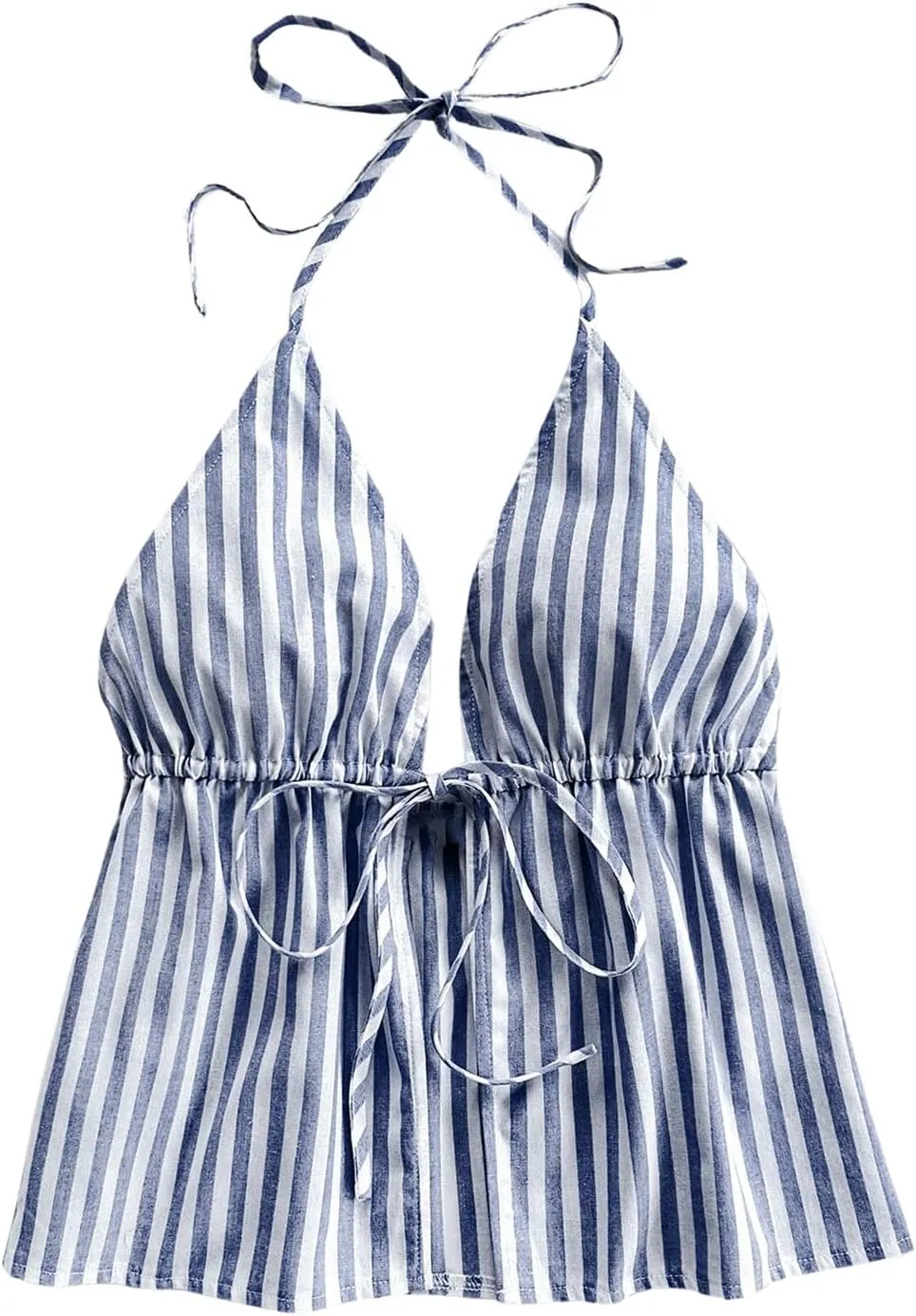 MakeMeChic Women's Striped Halter Tops Tie Front Split Ruffle Cami Top Summer Camisole