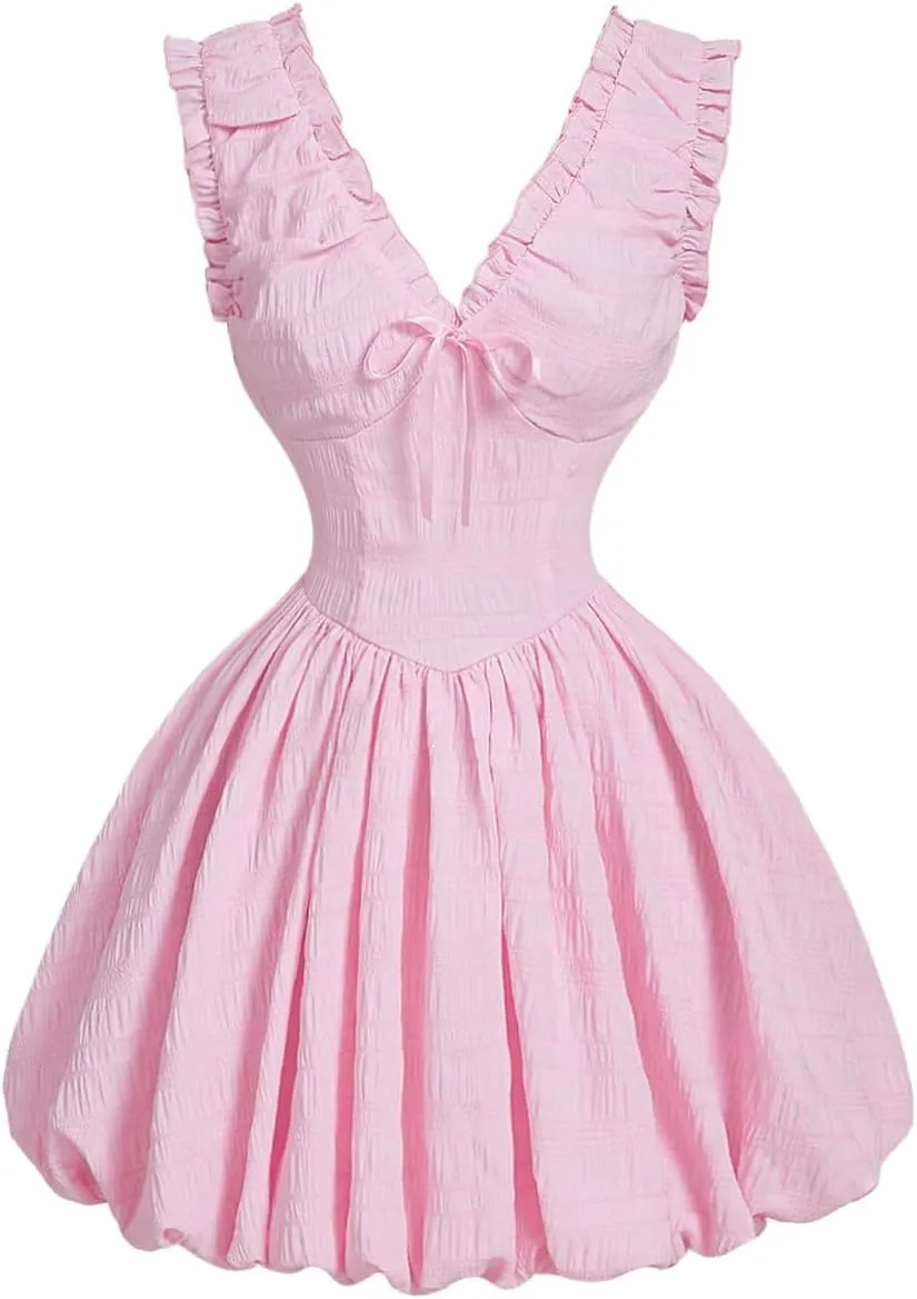 MakeMeChic Women's V Neck Bow Bubble Dress Frill Trim Sleeveless Ruffled A Line Flare Party Mini Dresses