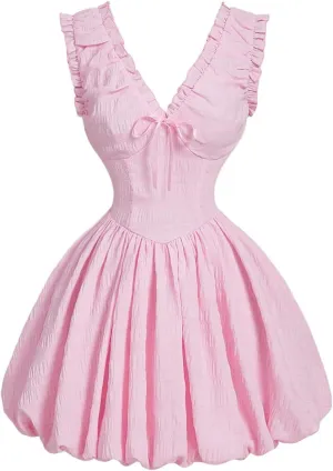MakeMeChic Women's V Neck Bow Bubble Dress Frill Trim Sleeveless Ruffled A Line Flare Party Mini Dresses