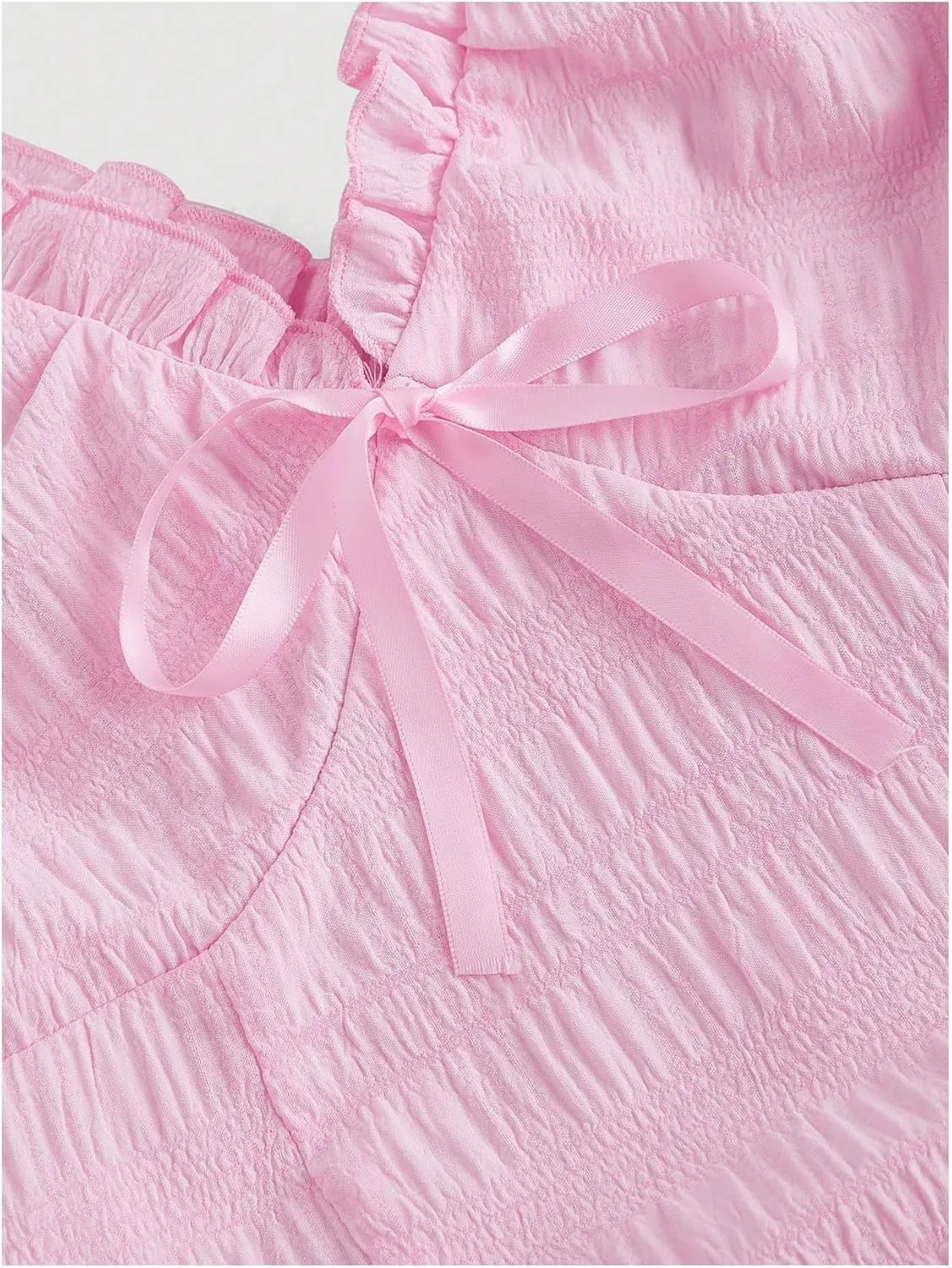 MakeMeChic Women's V Neck Bow Bubble Dress Frill Trim Sleeveless Ruffled A Line Flare Party Mini Dresses