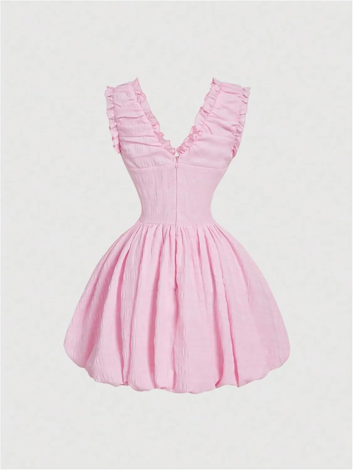 MakeMeChic Women's V Neck Bow Bubble Dress Frill Trim Sleeveless Ruffled A Line Flare Party Mini Dresses