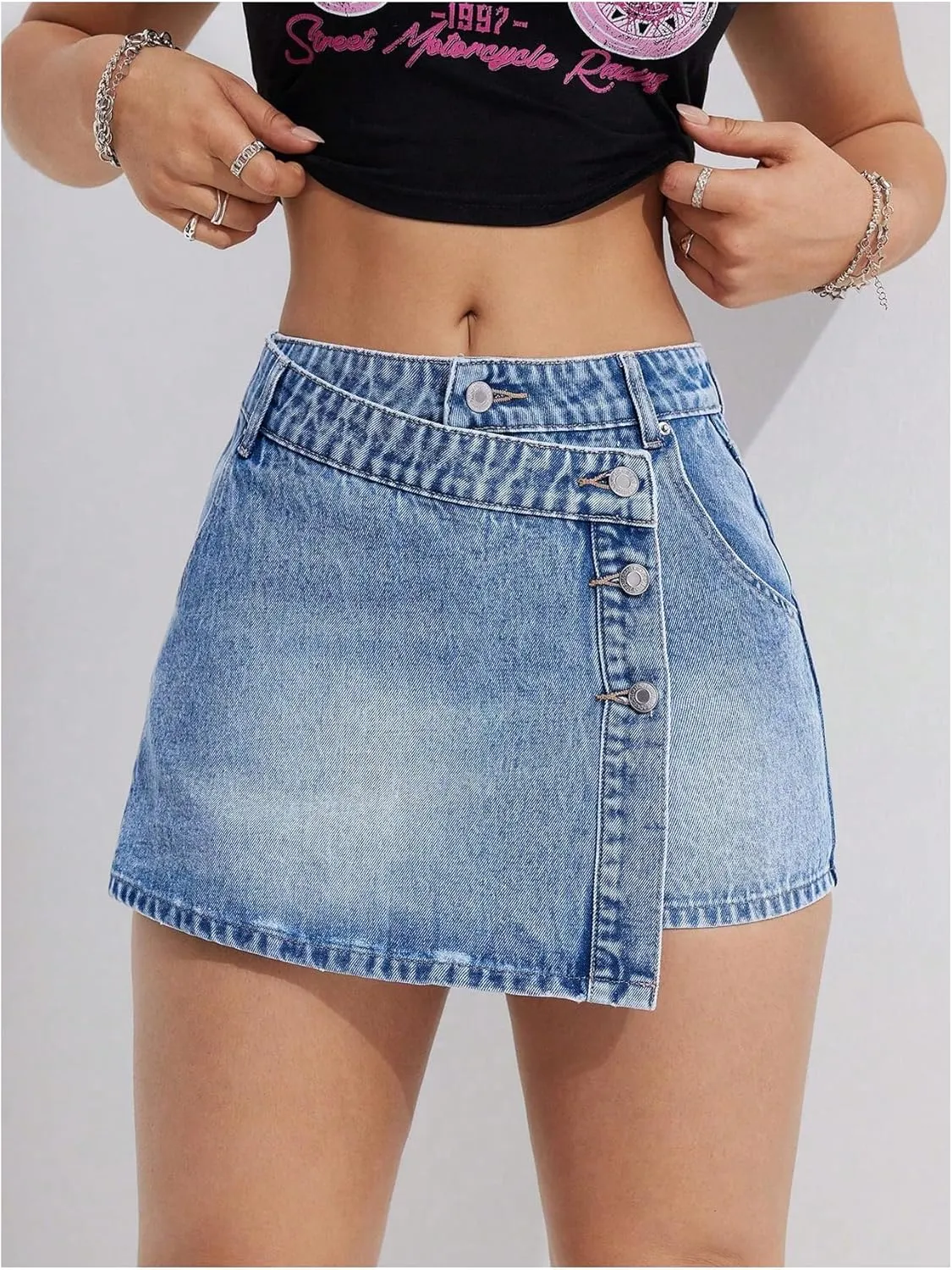 MakeMeChic Women's Wrap Denim Skirts Button Front Asymmetrical Hem Short Jean Skirt